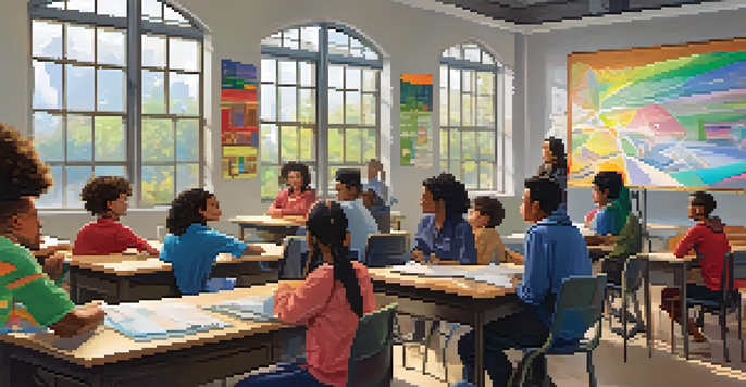 A diverse group of students discussing ethical AI in a brightly lit classroom, with a teacher leading the conversation and educational posters in the background.