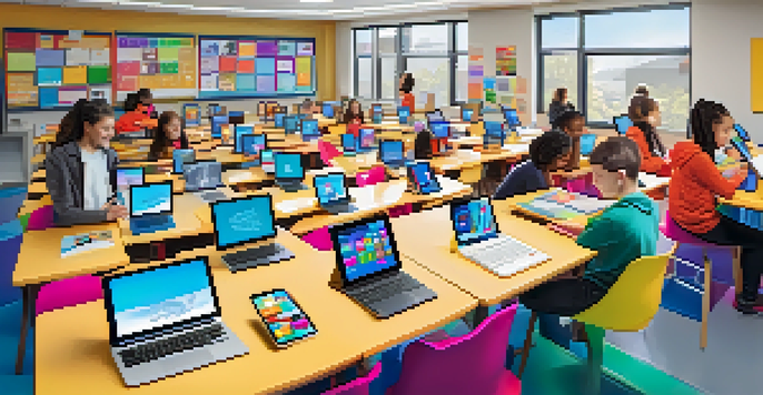 A diverse group of students in a bright classroom, engaged in personalized learning with tablets and laptops.