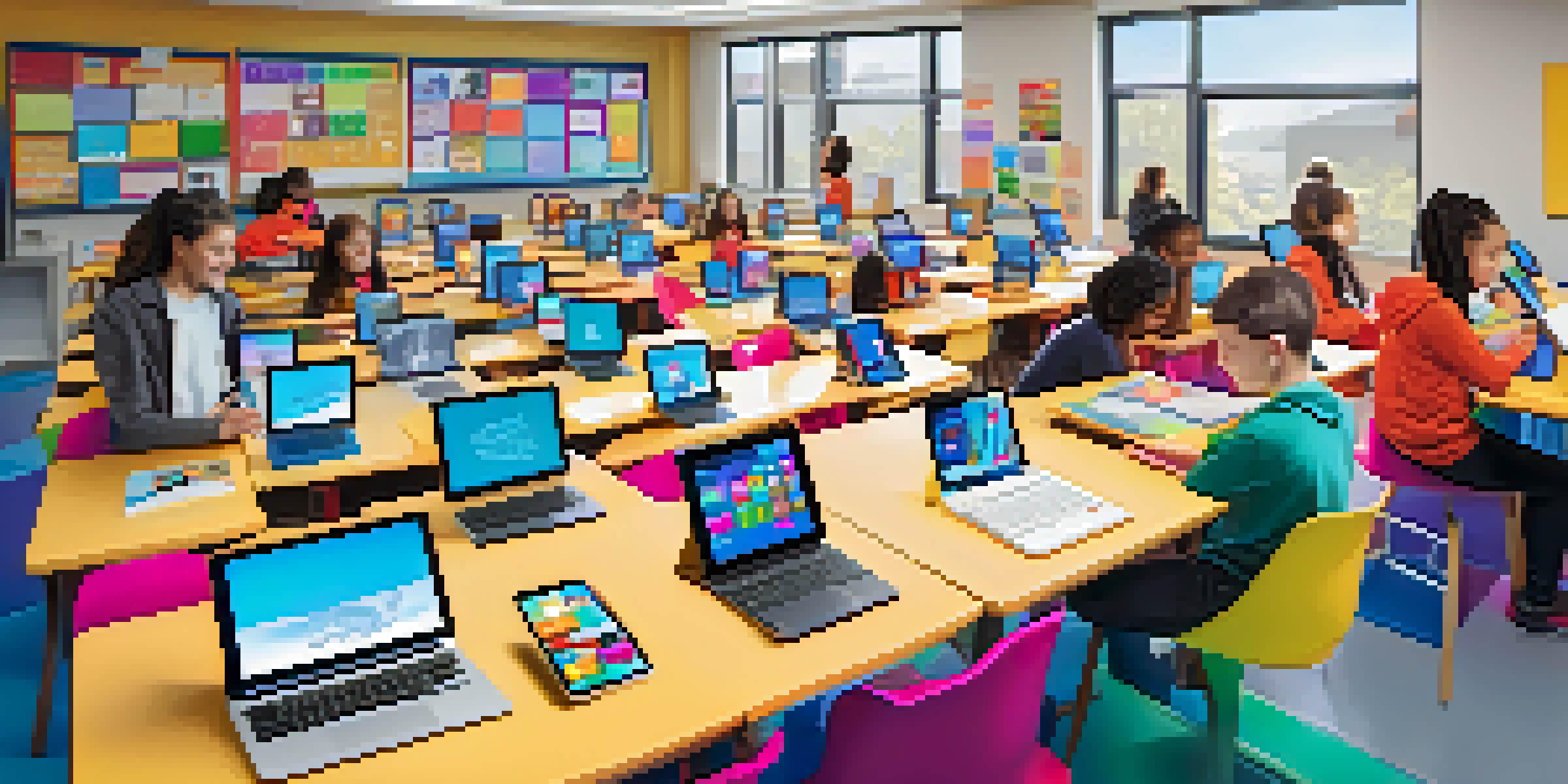 A diverse group of students in a bright classroom, engaged in personalized learning with tablets and laptops.