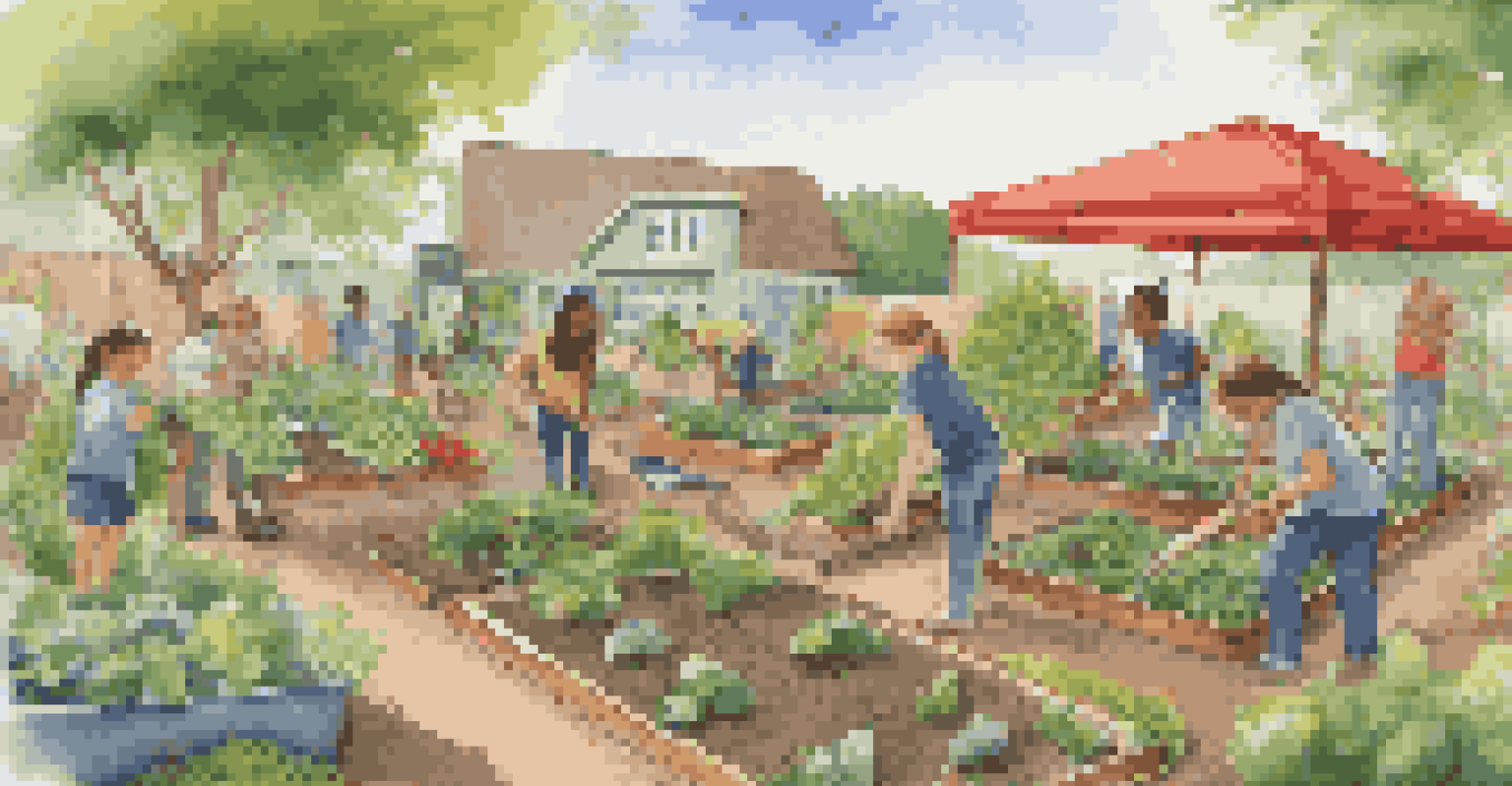 Students in a community garden planting vegetables and learning about sustainability in a colorful, vibrant outdoor setting.