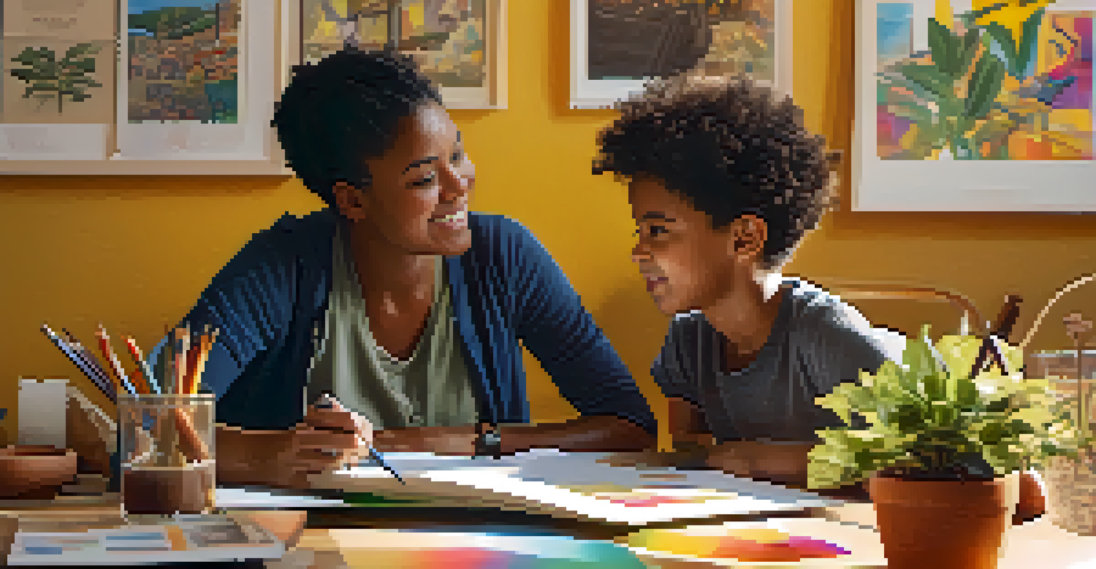 A parent and child discussing a project at a table filled with educational materials.