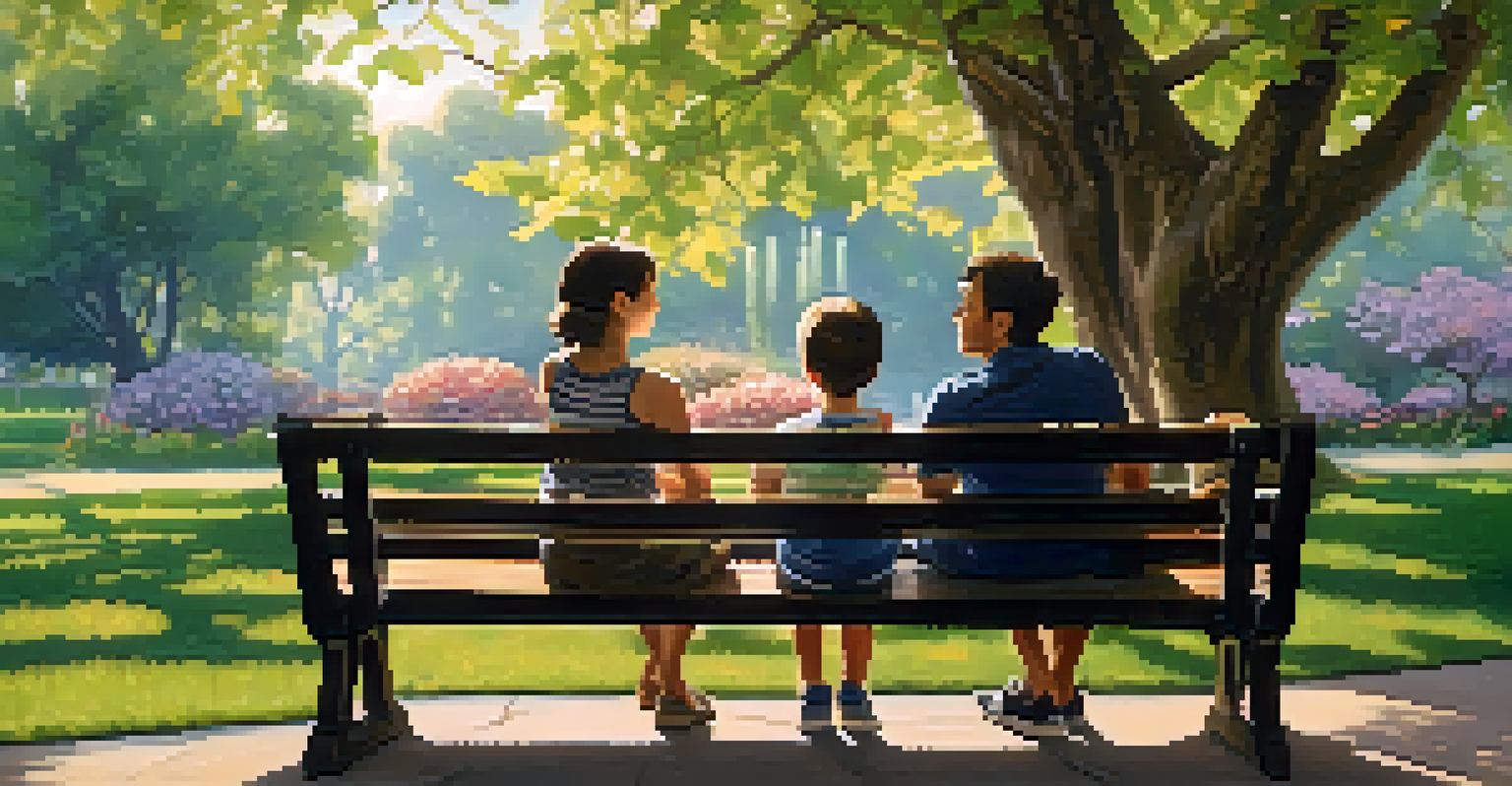 A parent and child sitting on a bench in a garden, having a heartfelt conversation.