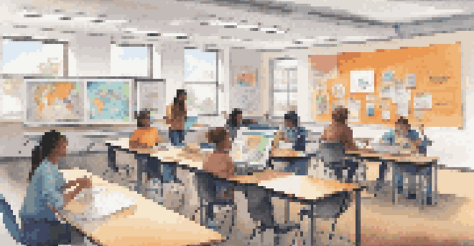 A bright and colorful classroom with students working on laptops and discussing in groups, showcasing the flipped classroom model.