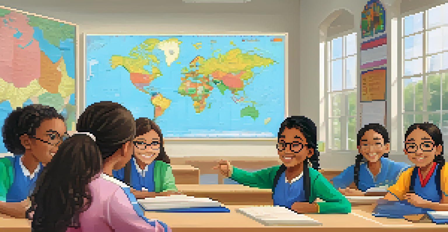 A teacher pointing at a world map in a multicultural classroom while students look engaged.