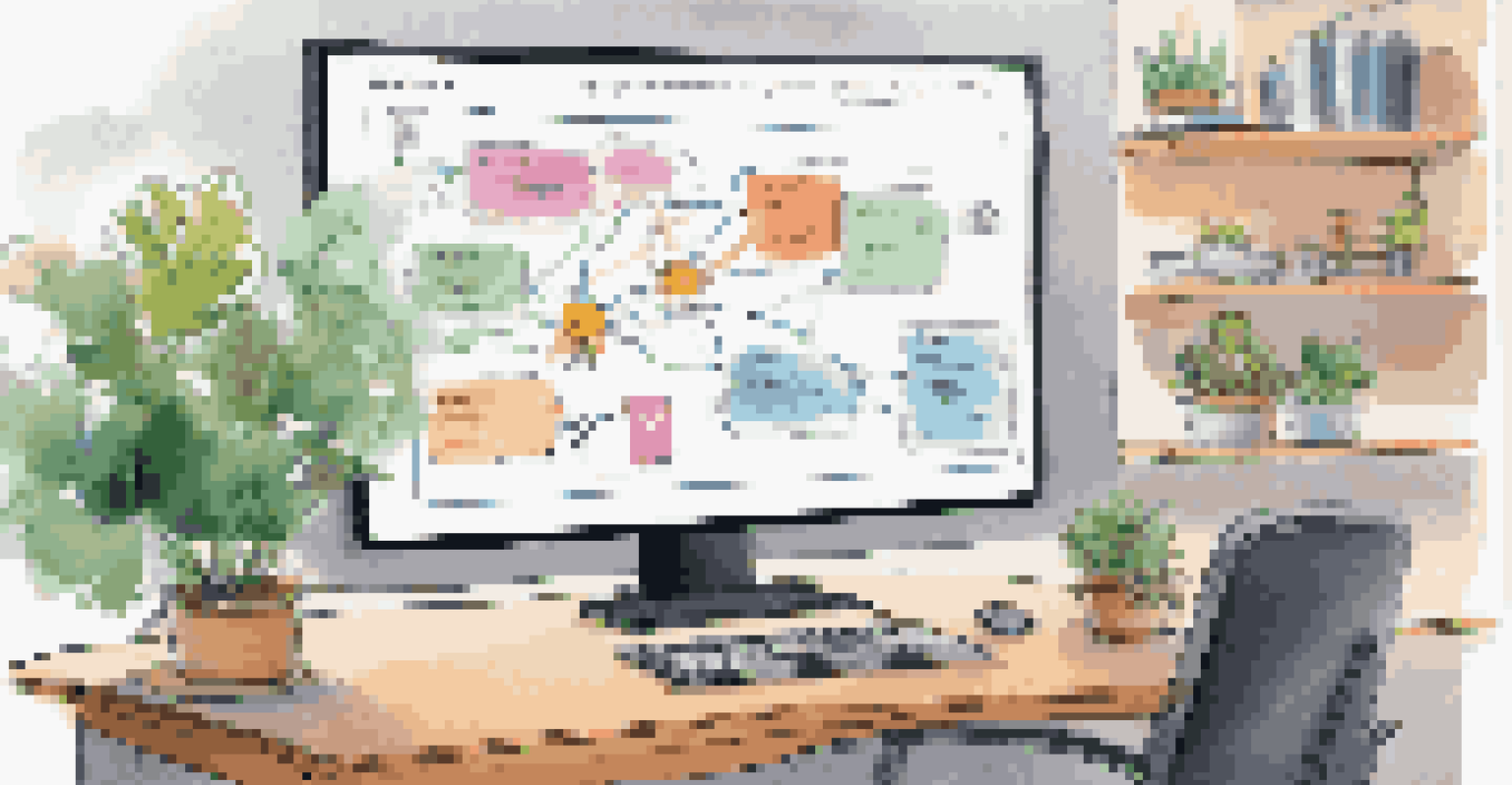 A digital screen showing an interactive mind map during a virtual class, set in a modern home office with a cozy atmosphere.