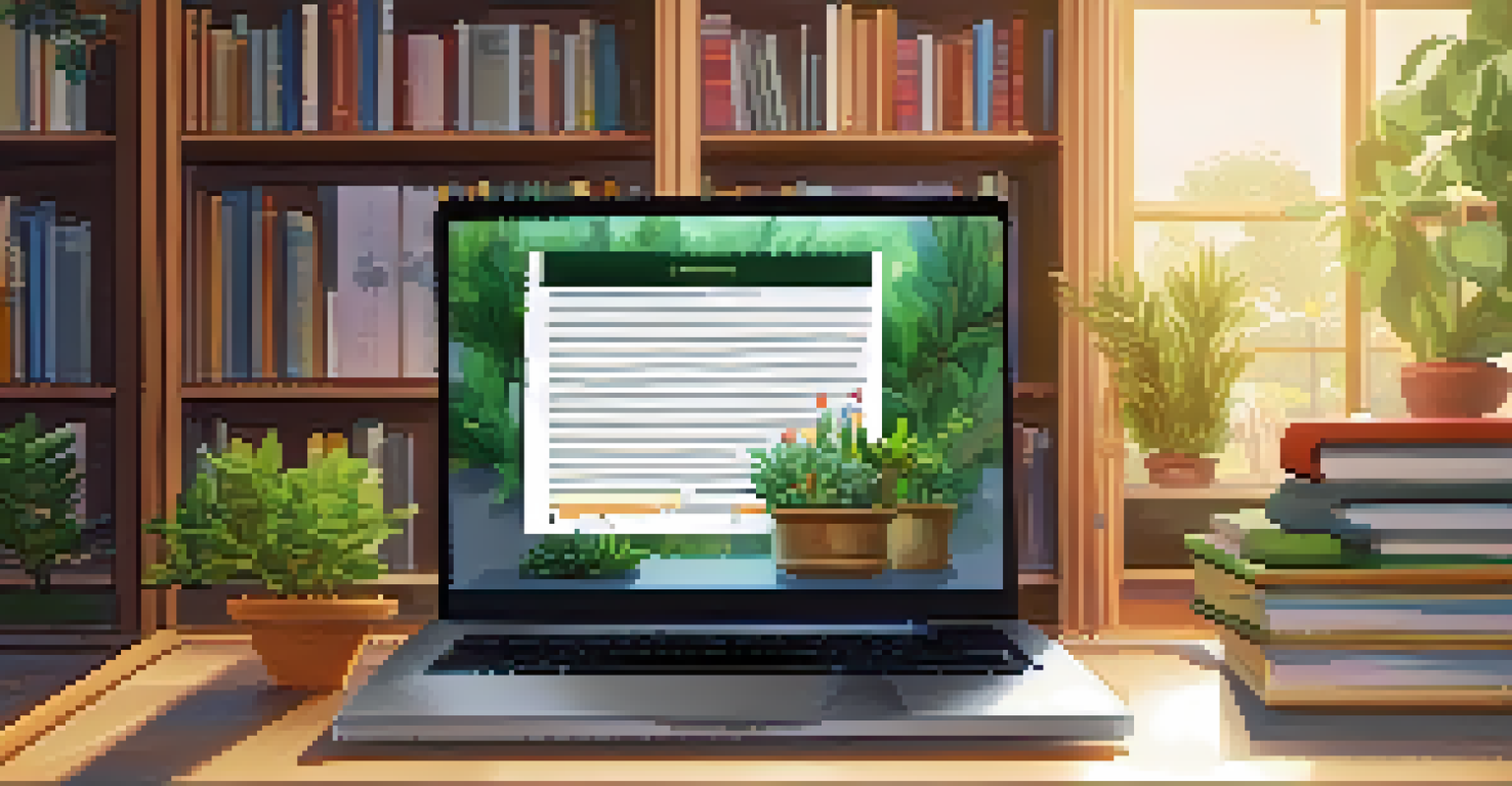A laptop open to an interactive digital textbook, set in a cozy study space with bookshelves and plants.