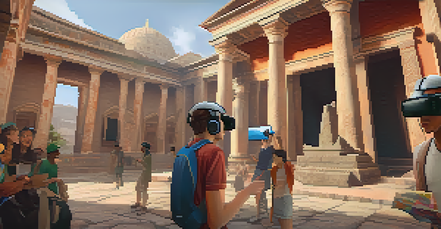 Students wearing virtual reality headsets exploring a historical site as part of a gamified assessment, with one student pointing at a virtual artifact.