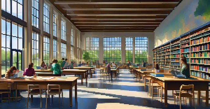 A university library with students studying at tables, surrounded by bookshelves and large windows that show a green campus.