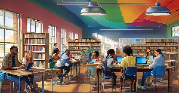 A community library with adult learners participating in a digital literacy workshop, surrounded by computers and educational materials.