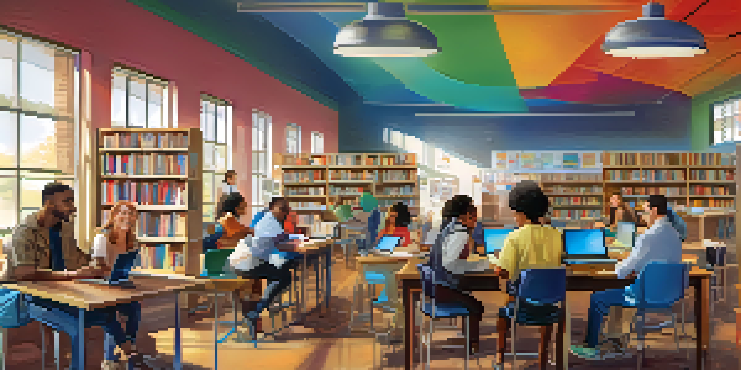 A community library with adult learners participating in a digital literacy workshop, surrounded by computers and educational materials.