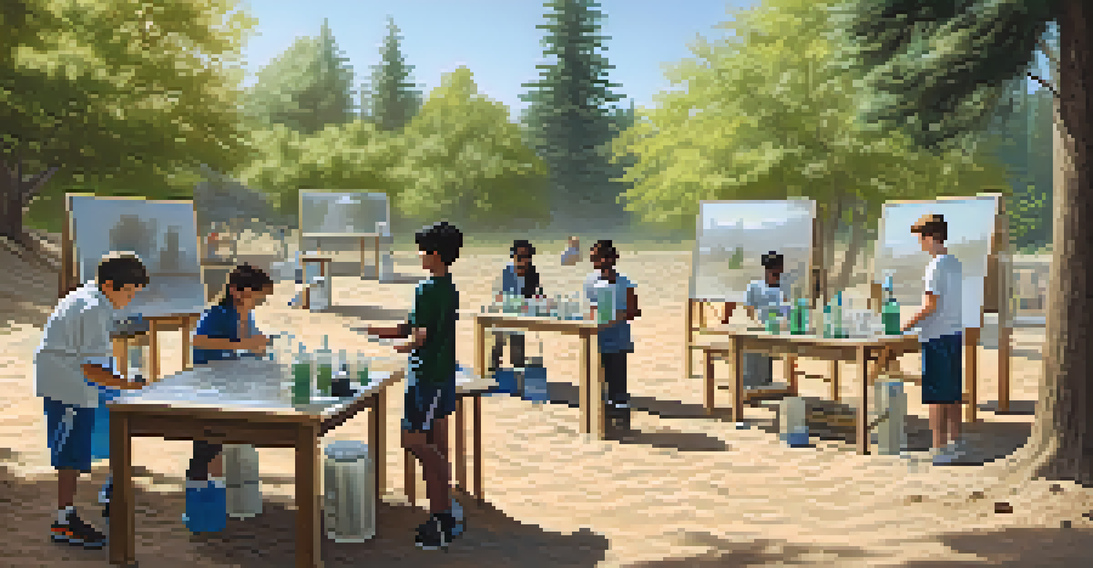 Students conducting a water filtration experiment outdoors with various materials on a table.
