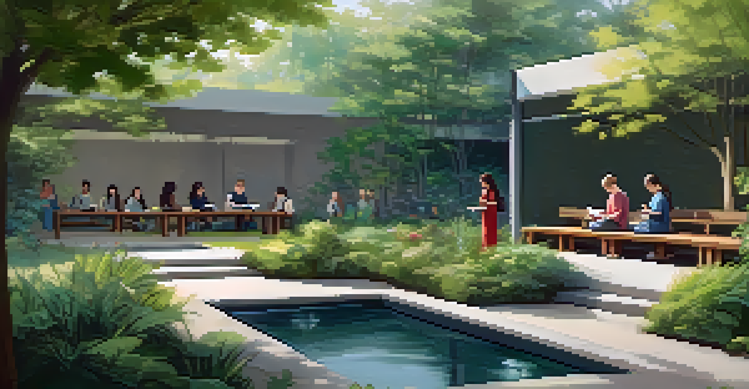 An outdoor garden with benches and a water feature, where students are reading and meditating in a peaceful environment.