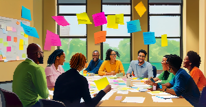 A diverse group of nonprofit employees collaborating around a conference table, sharing ideas with enthusiasm.