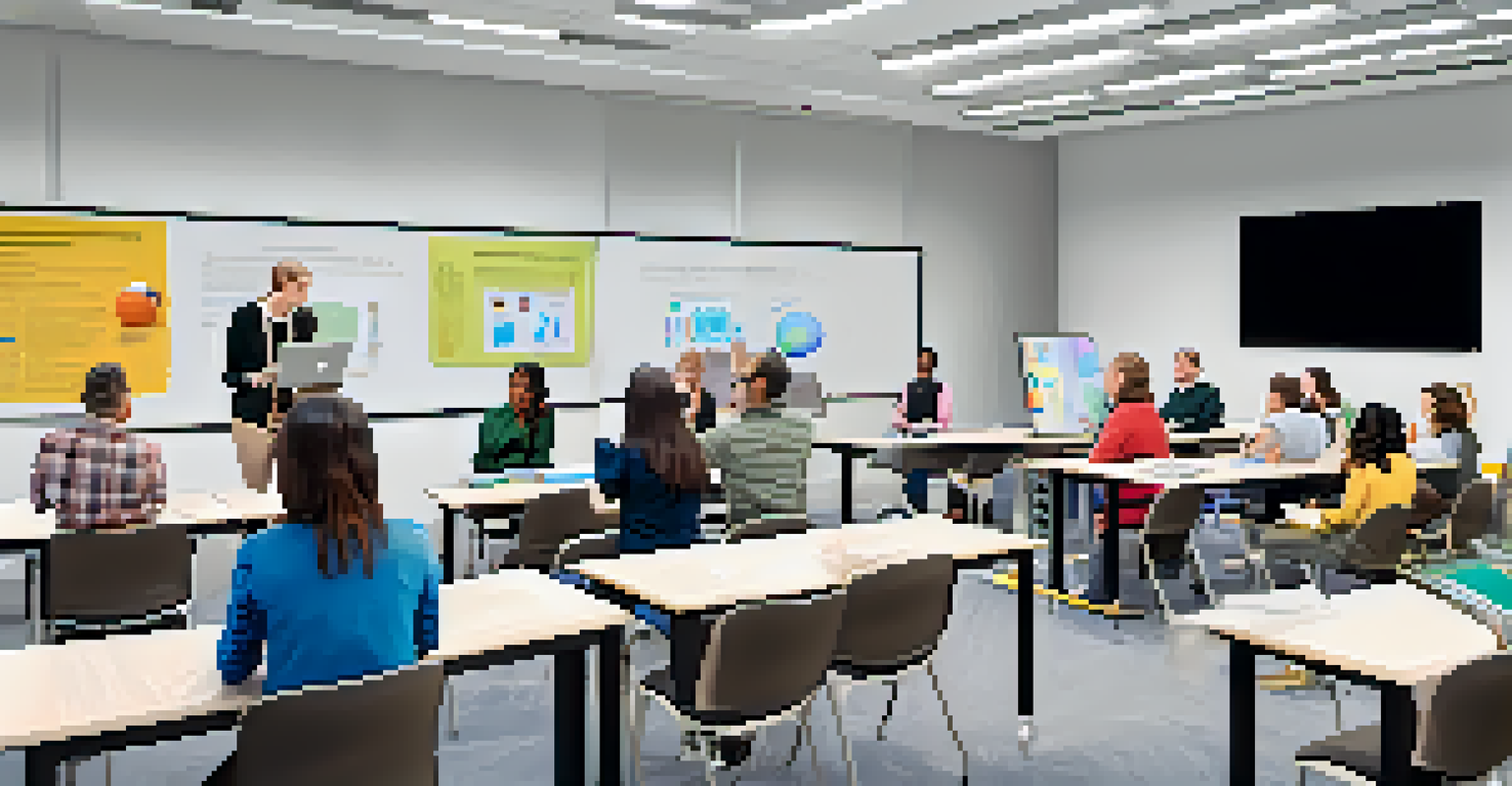 Teachers collaborating in a training room to learn about integrating augmented reality into education, with laptops and an instructional screen.
