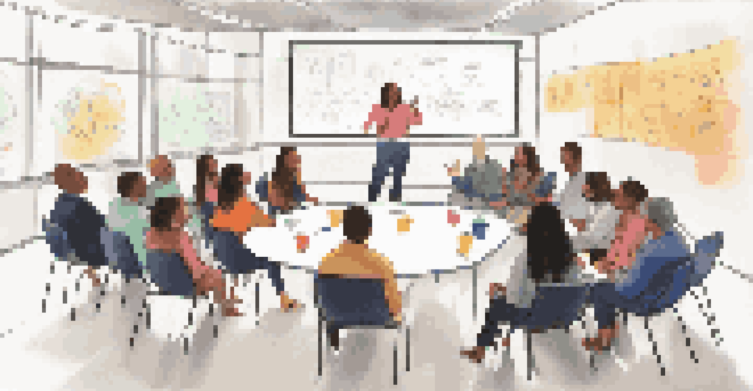 A group of educators in a circle discussing ideas, with a whiteboard displaying colorful notes about culturally responsive teaching.