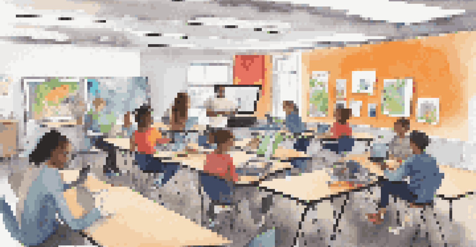 Students working together in a digital storytelling workshop, using tablets and laptops to create and share their stories in a modern classroom.
