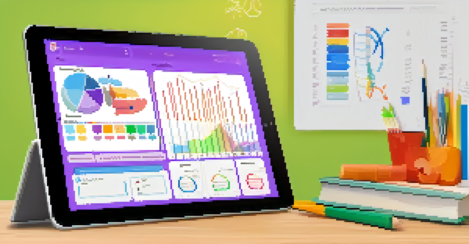 A close-up of a tablet interface showing colorful graphs and progress bars, with a hand interacting with the screen in a study environment.