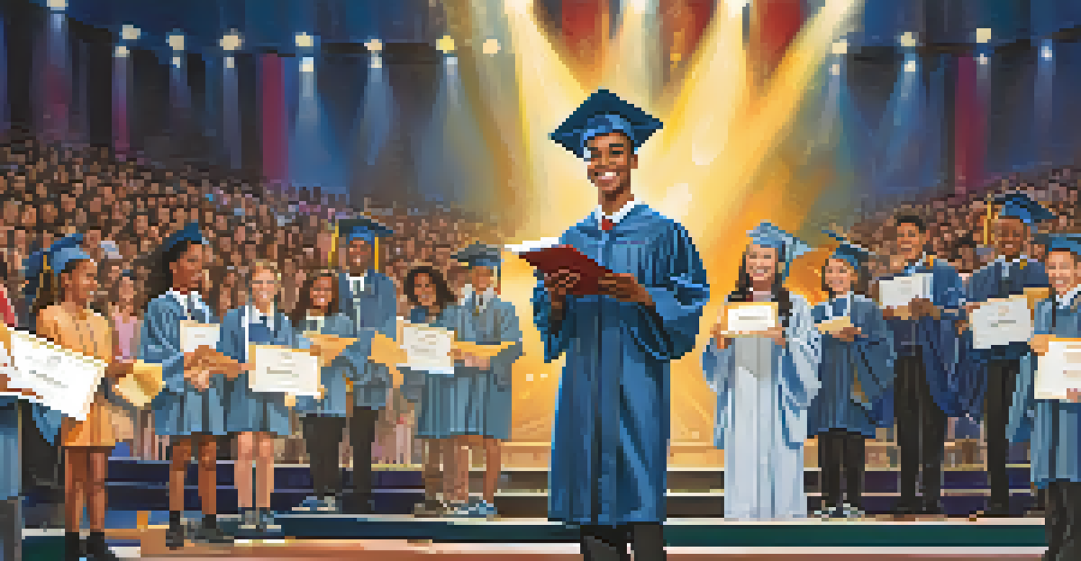 A first-generation college student receiving an award on stage at a formal ceremony, with a proud smile and an applauding audience.