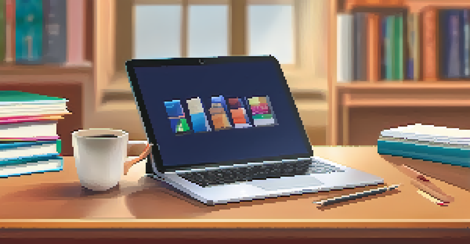 A close-up view of a teacher's hands using a tablet with educational resources, set against a cozy workspace with books and a laptop.