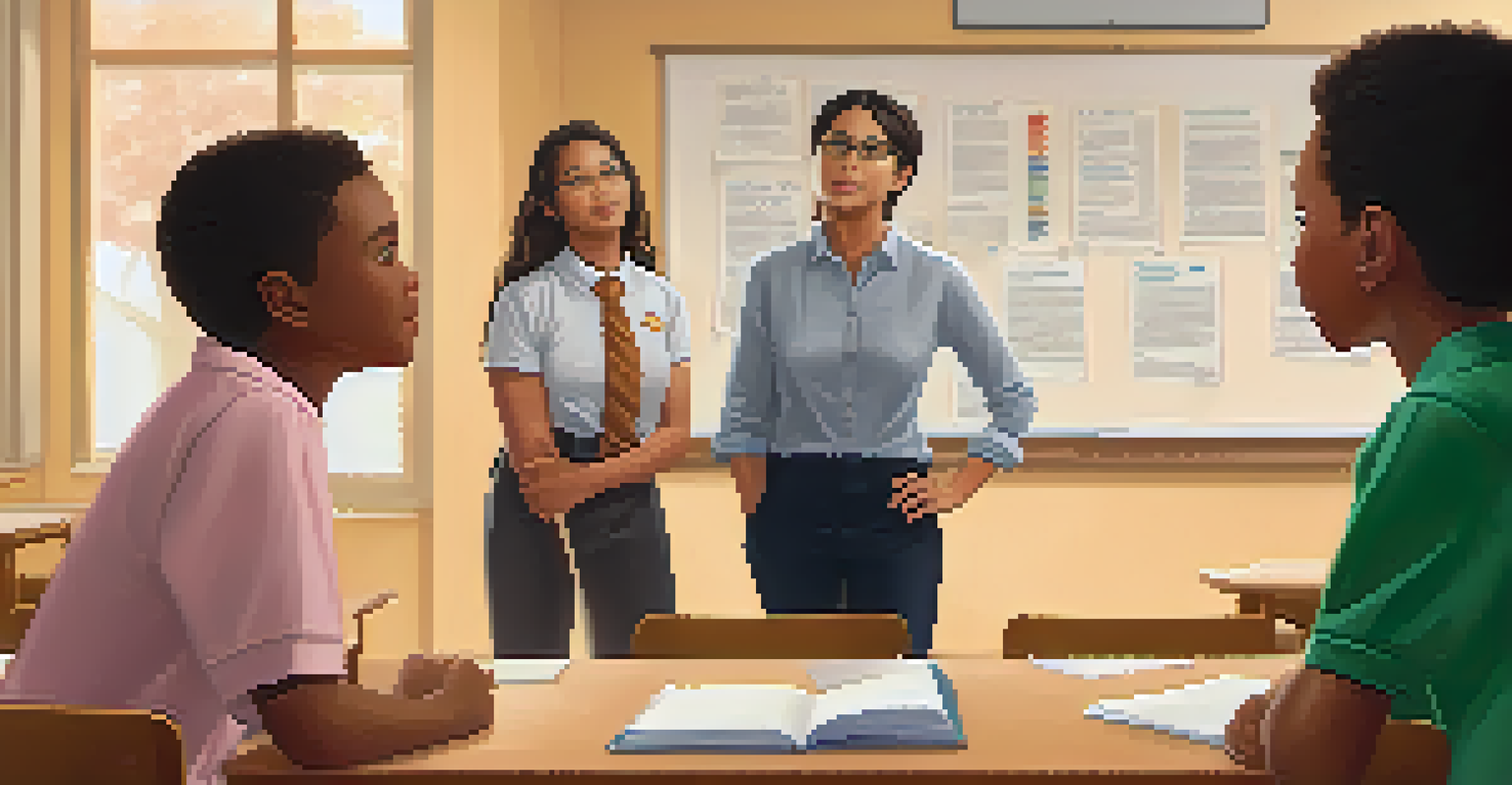 A teacher kneeling to communicate with two students in a warm classroom, addressing a conflict with empathy and understanding.