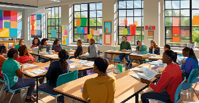 A diverse group of educators participating in a collaborative workshop in a bright classroom, engaging with each other and modern technology.