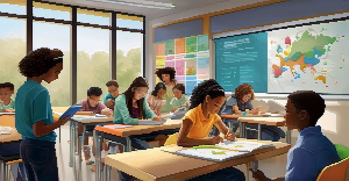 A diverse group of students in a modern classroom, collaborating with tablets under natural light.