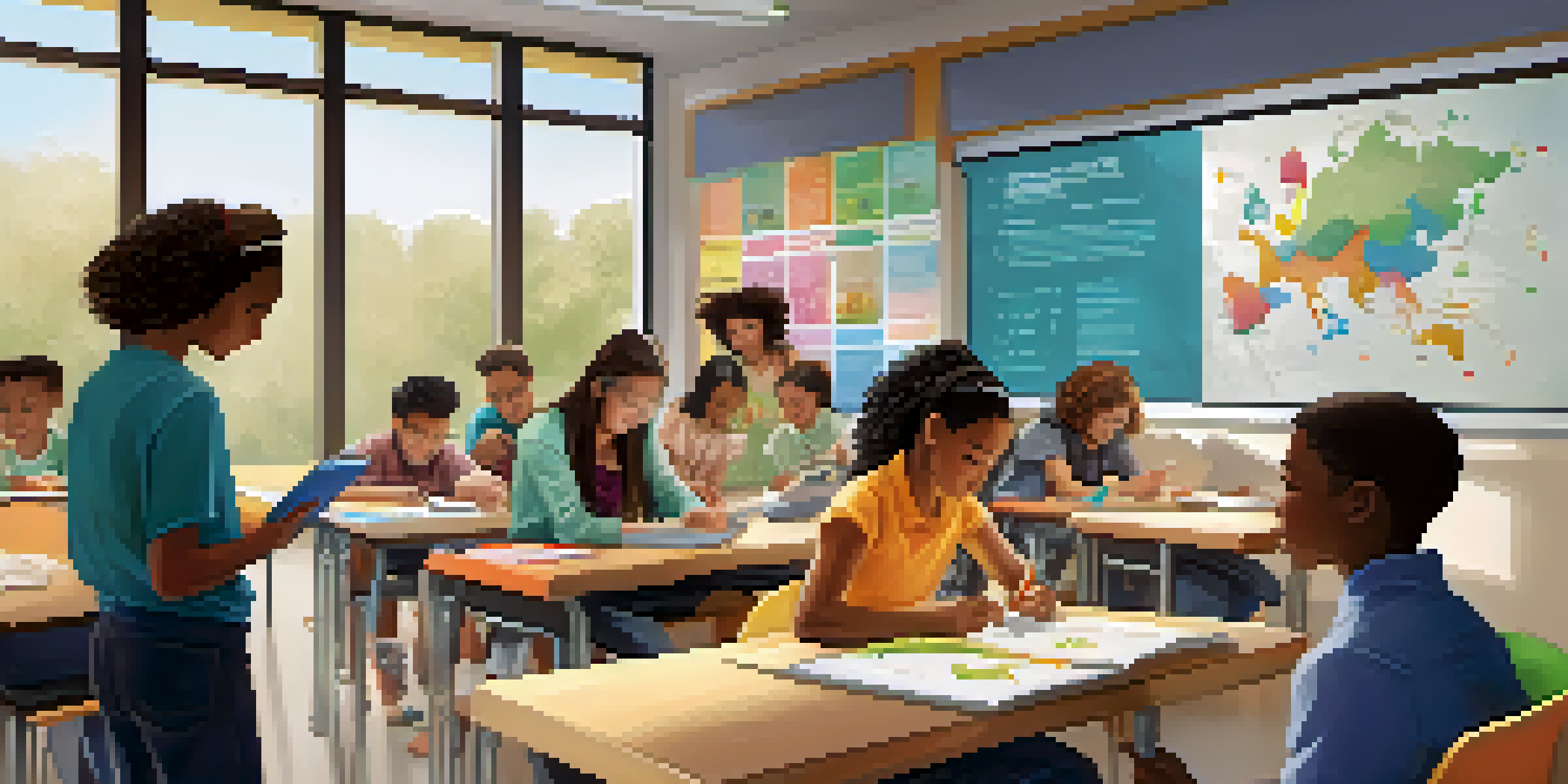 A diverse group of students in a modern classroom, collaborating with tablets under natural light.