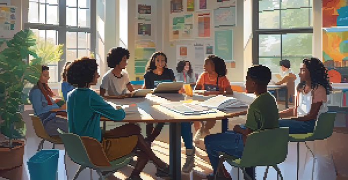 A diverse group of students engaged in a lively discussion in a bright classroom, surrounded by learning materials.