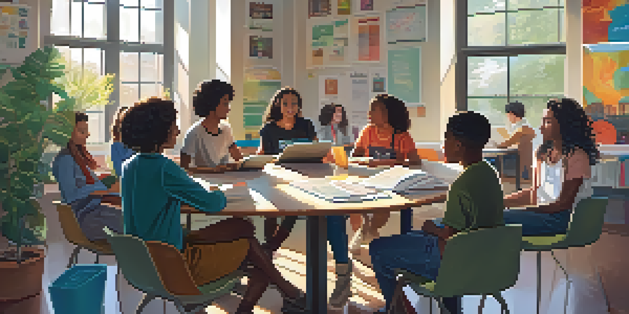 A diverse group of students engaged in a lively discussion in a bright classroom, surrounded by learning materials.