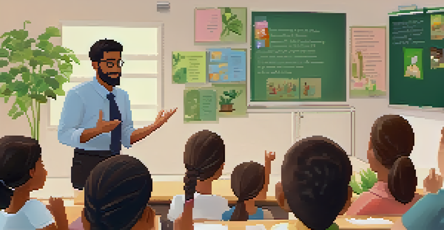 A teacher illustrating emotional intelligence strategies in a colorful classroom, with engaged students raising their hands and visual aids displayed.
