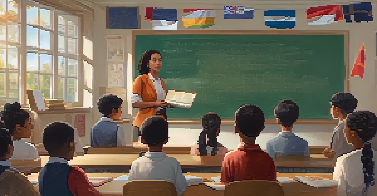 A teacher presenting to students in a culturally inclusive classroom filled with artifacts and soft lighting.