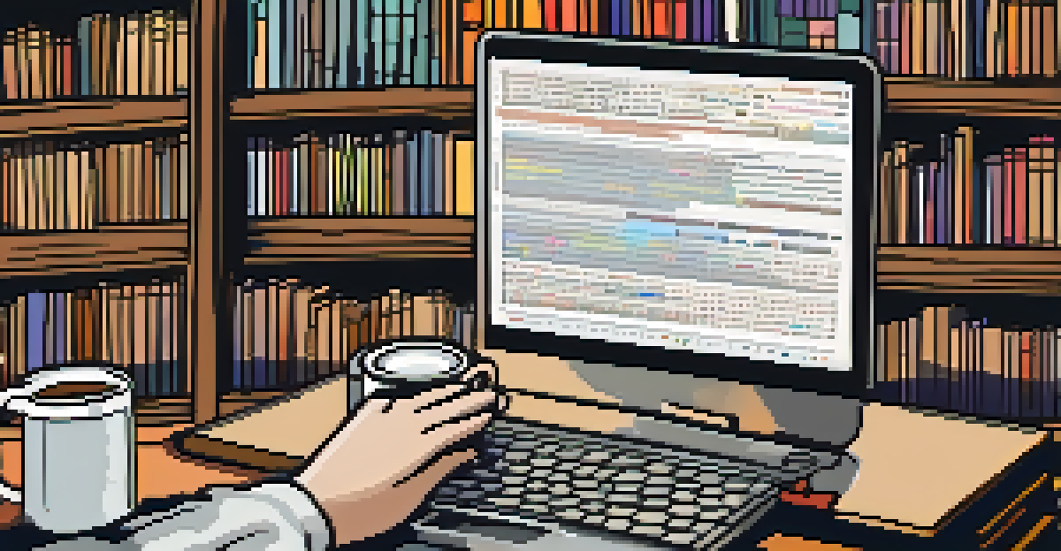 Close-up of hands on a laptop keyboard with a screen showing educational data analysis, surrounded by books and a coffee cup.