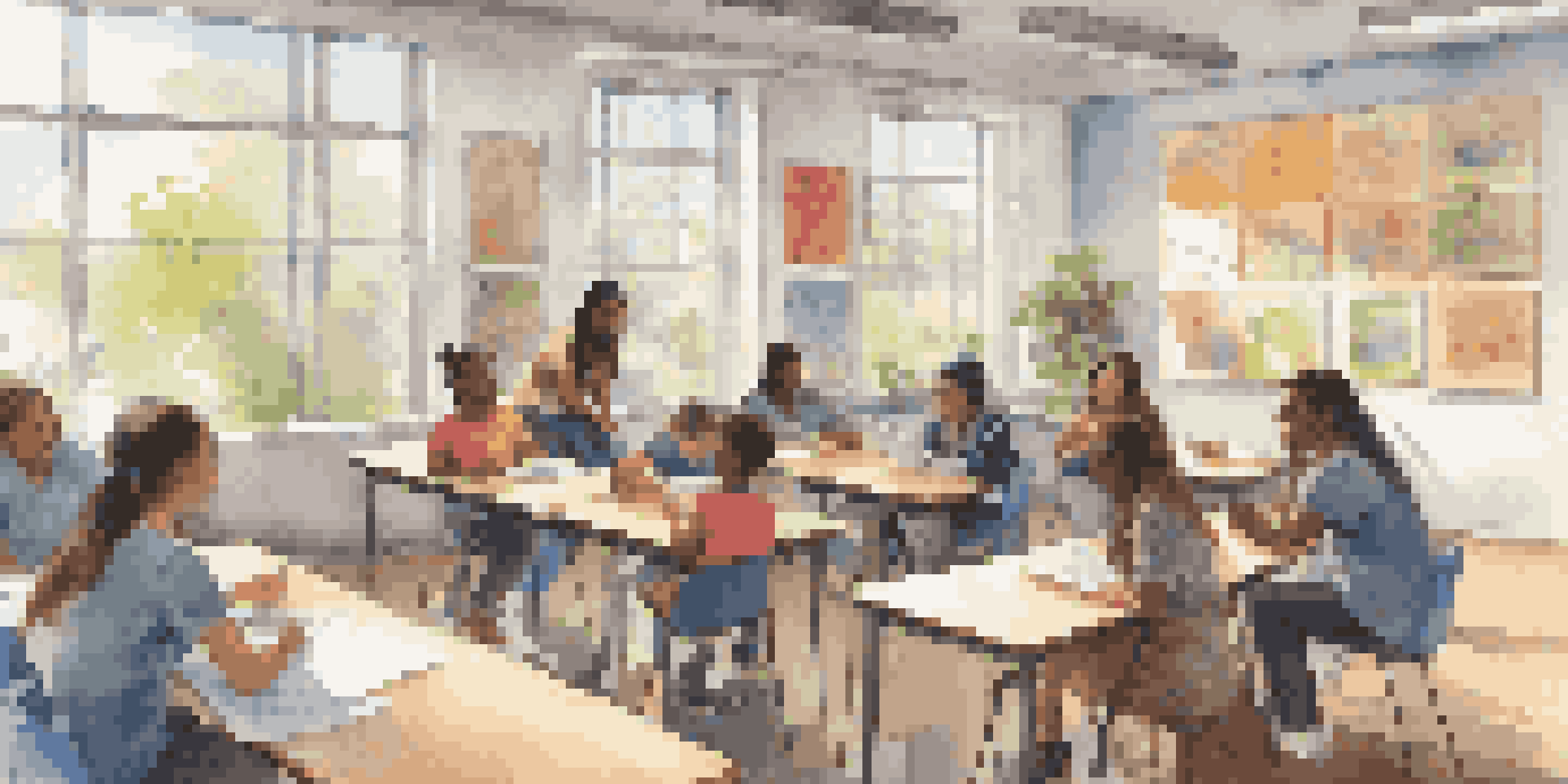A diverse group of students collaborating in a bright classroom, sharing ideas and working together on projects.