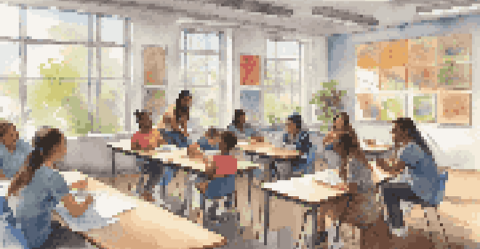 A diverse group of students collaborating in a bright classroom, sharing ideas and working together on projects.