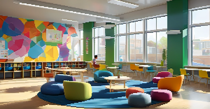 A modern classroom with flexible learning spaces, featuring students working in groups and relaxing in lounge chairs.