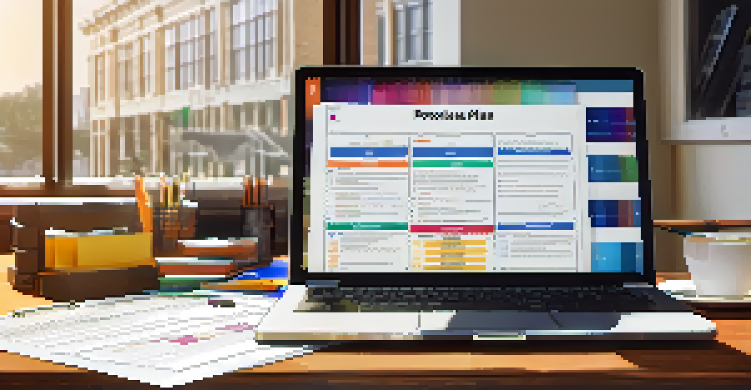 An action plan document on a wooden desk, surrounded by office supplies, with colorful charts and bullet points, illuminated by natural light.