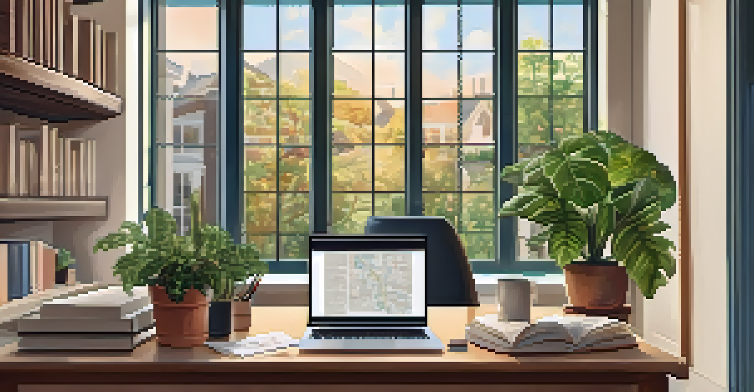 A cozy home office with a desk, laptop, and real estate books bathed in natural light.