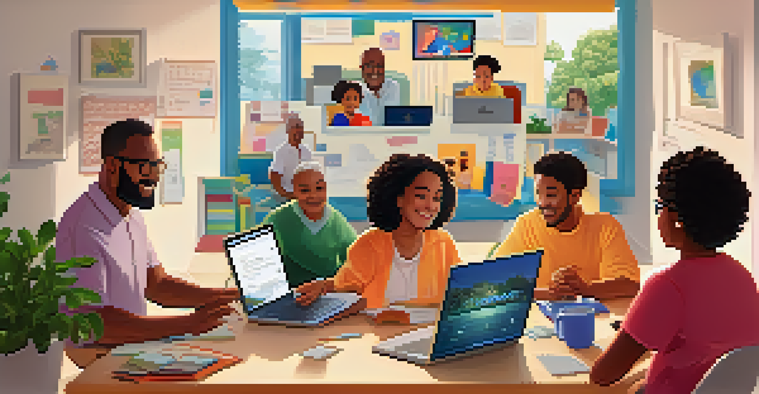 Parents participating in a virtual meeting with educators, using laptops and surrounded by educational materials at home.