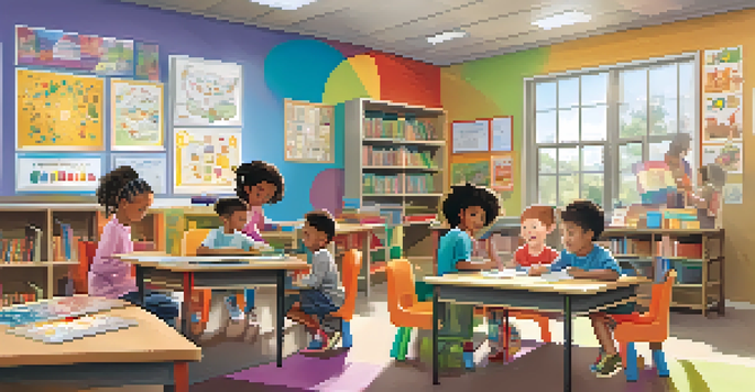 An inclusive classroom with diverse children participating in learning activities, featuring science projects, reading corners, and colorful decorations.