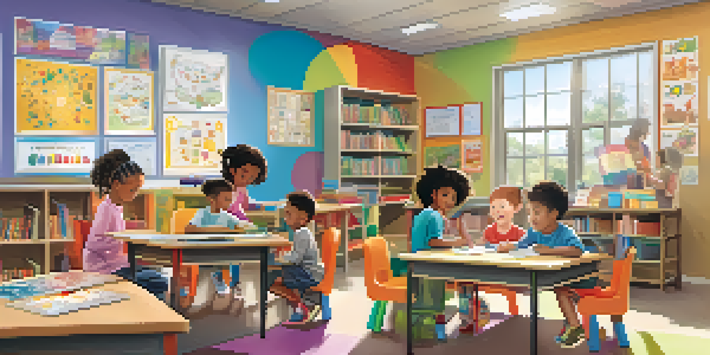 An inclusive classroom with diverse children participating in learning activities, featuring science projects, reading corners, and colorful decorations.