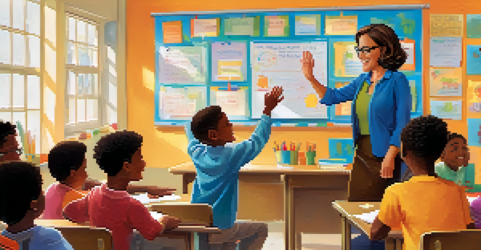 A teacher giving a high-five to a smiling boy in a colorful classroom, with other students applauding.