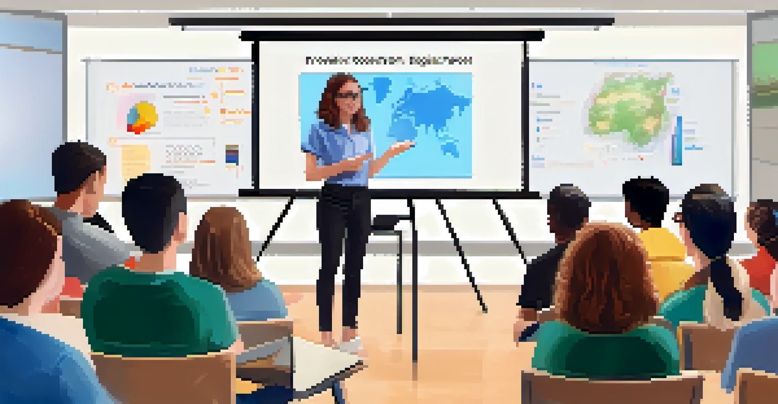 A student presenting their digital portfolio in front of an audience in a classroom setting.