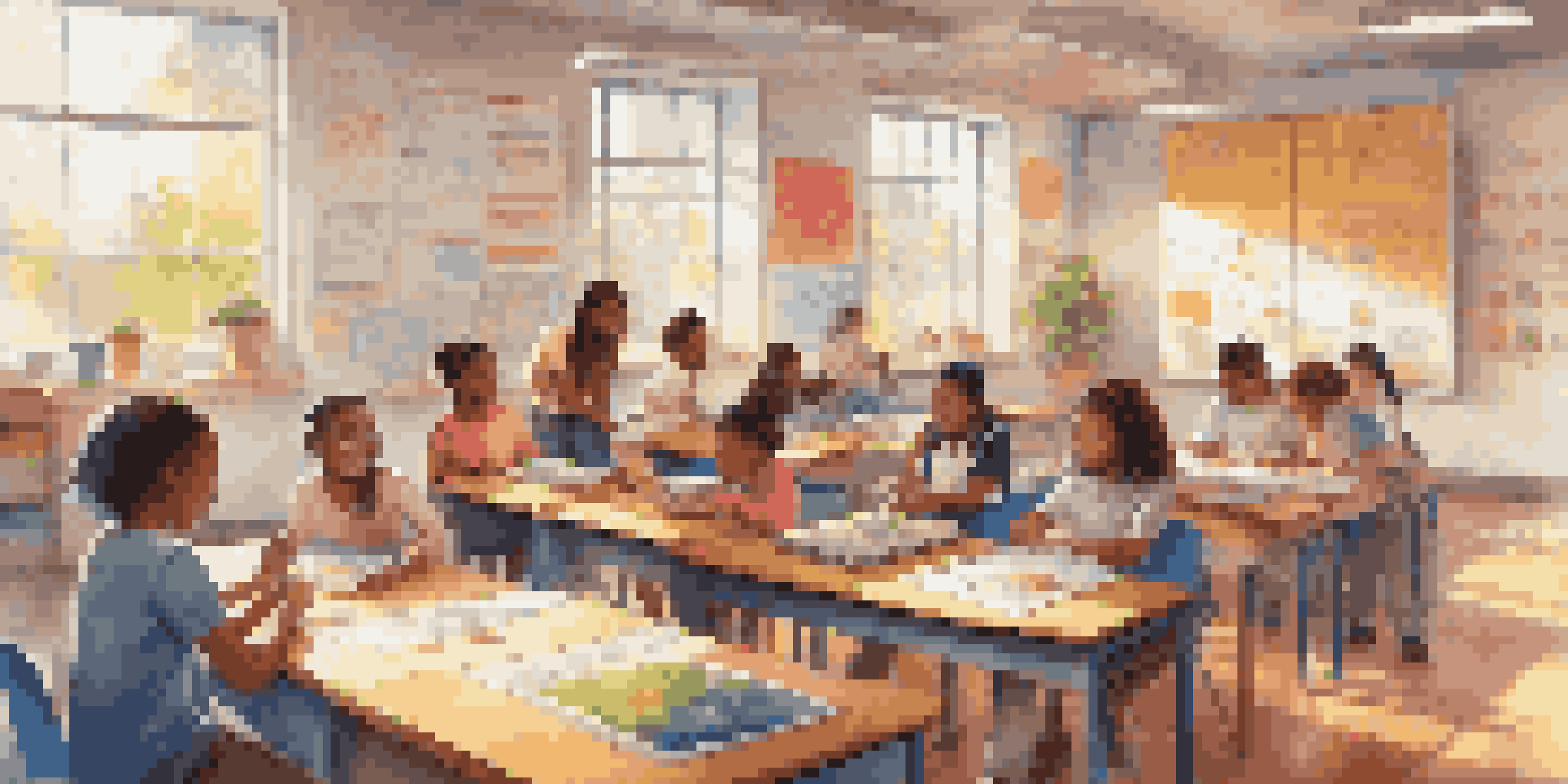 A diverse group of students in a colorful classroom using educational technology like tablets and interactive whiteboards, with sunlight coming through windows.
