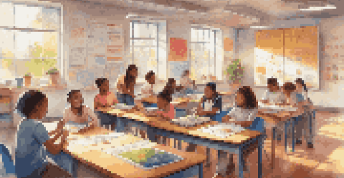 A diverse group of students in a colorful classroom using educational technology like tablets and interactive whiteboards, with sunlight coming through windows.