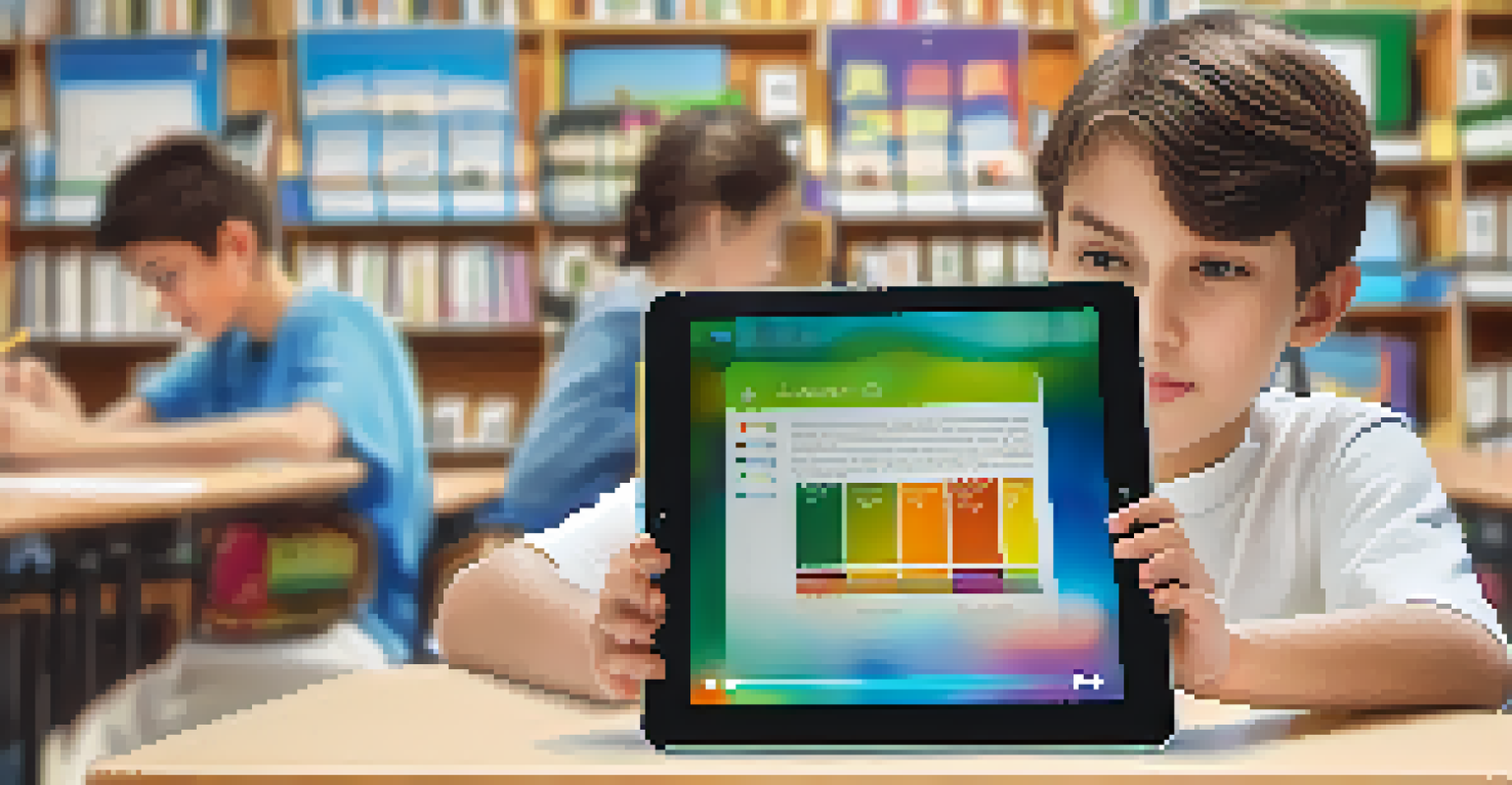 A focused student with dyslexia using a tablet with an adaptive reading app, displaying colorful graphics and audiobook features.