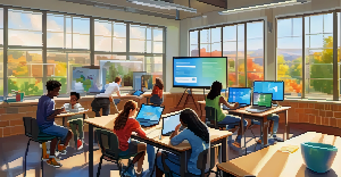 A diverse group of students in a bright classroom, collaborating with laptops and tablets, surrounded by educational posters.