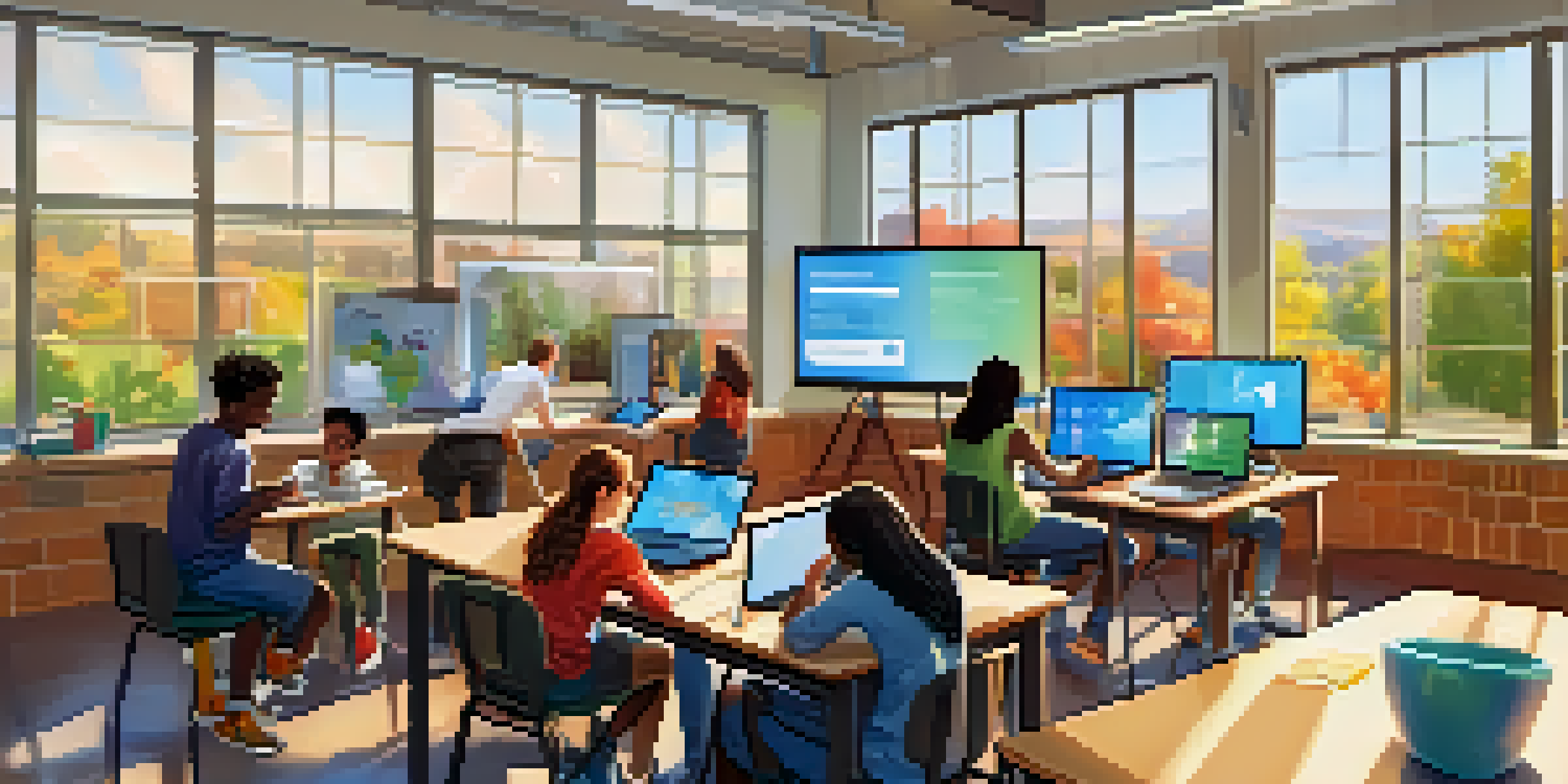 A diverse group of students in a bright classroom, collaborating with laptops and tablets, surrounded by educational posters.