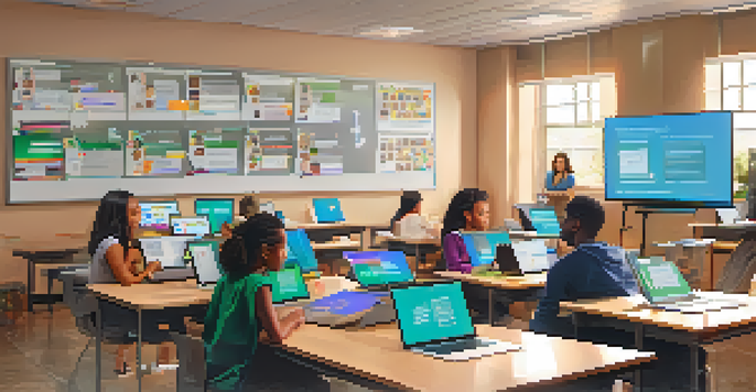 A virtual classroom with diverse students on laptops, engaging in a synchronous learning session with a bright room and educational posters.