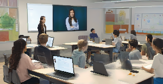 A virtual classroom with an instructor leading a class and students participating in a video conference, featuring a digital whiteboard and a warm inviting atmosphere.