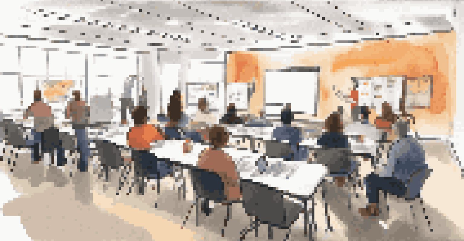Teachers participating in a professional development workshop on digital assessment tools, with laptops and a projector screen.